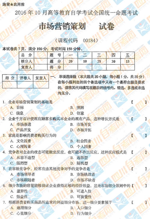 2016年10月全國(guó)自考《市場(chǎng)營(yíng)銷(xiāo)策劃》核心試題解析與參考答案
